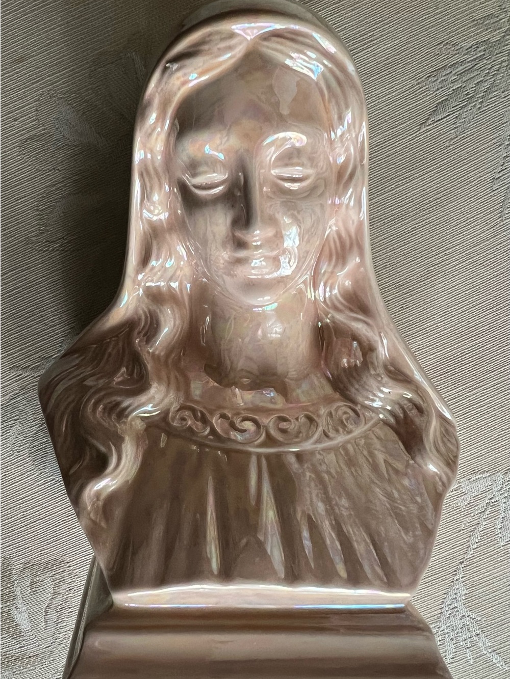 Vintage Holland Mold Virgin Mary Pearlescent Pink Ceramic Bust Sculpture